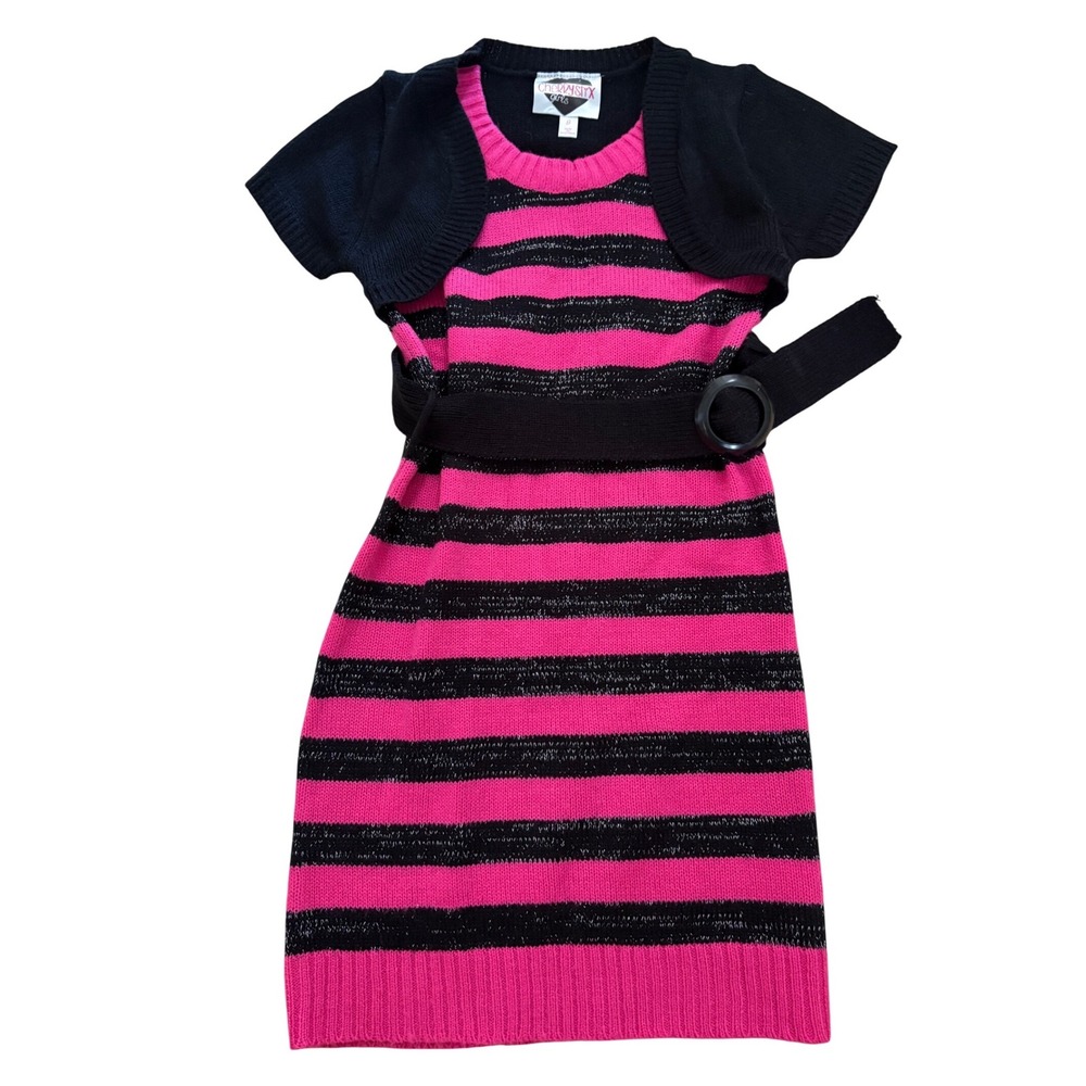 Y2K Scene Cherry Styx Girls Pink Black Striped Sweater Dress Belted Size XS/S